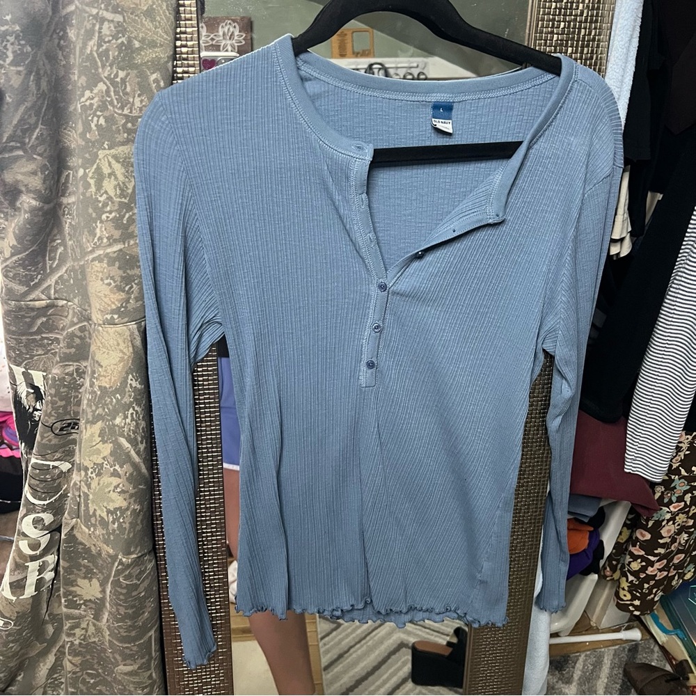 Old Navy Light Blue Ribbed Henley Long Sleeve Top